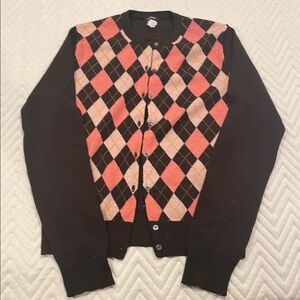 J. Crew Argyle Cardigan Sweater Brown and Pink size S 100% merino wool